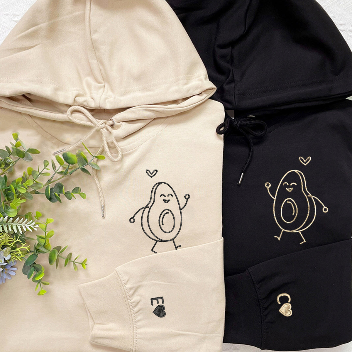 Custom Embroidered Avocado Love Matching Hoodies for Couples