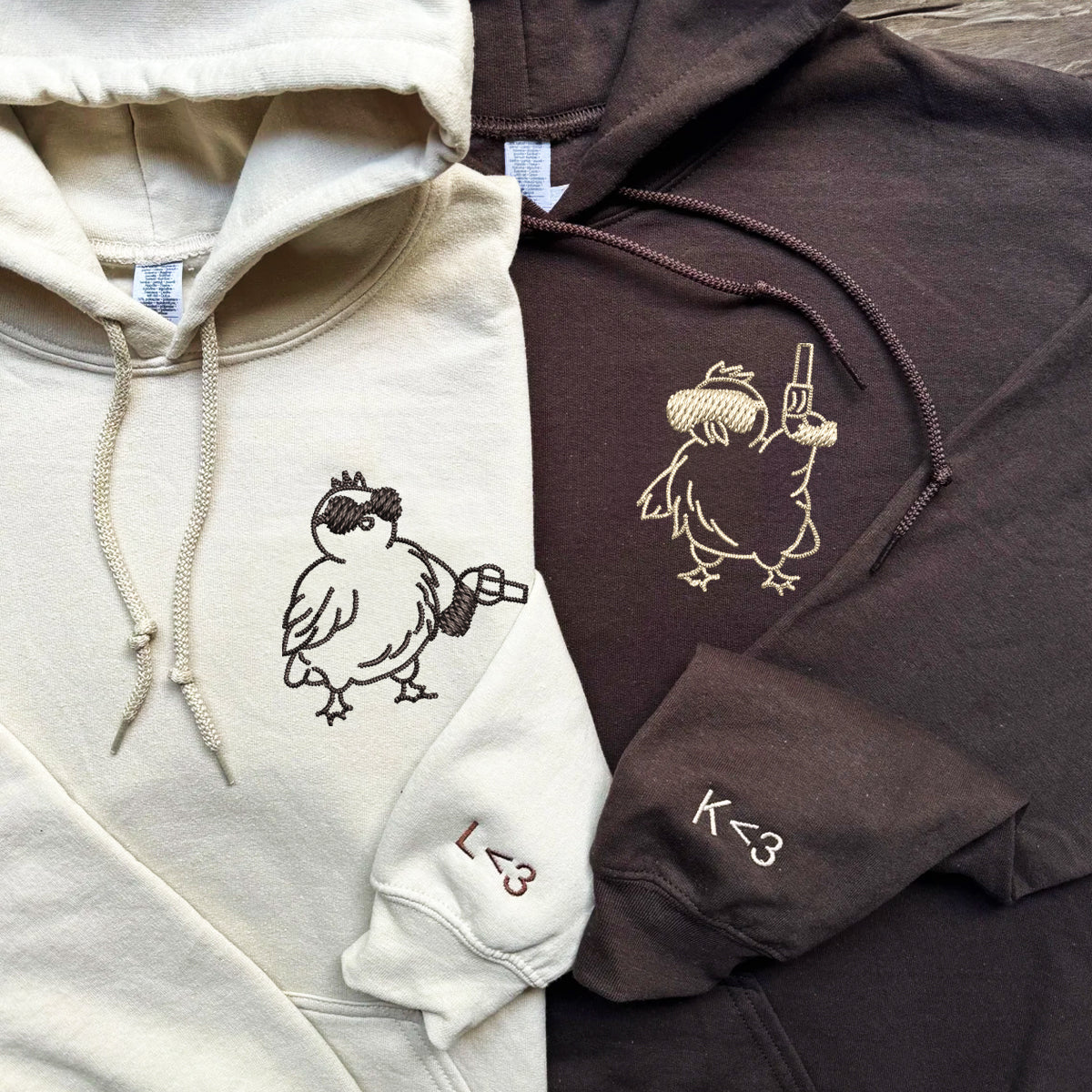 Custom Embroidered Chicken with Gun Matching Hoodies for Couples