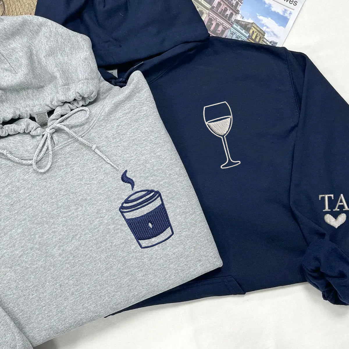 Custom Embroidered Coffee and Wine Matching Hoodies for Couples