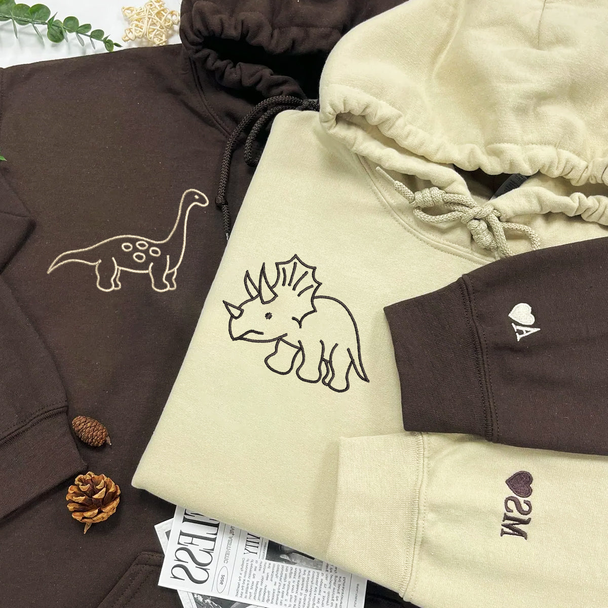 Custom Embroidered Cute Dinosaur Matching Hoodies for Couples