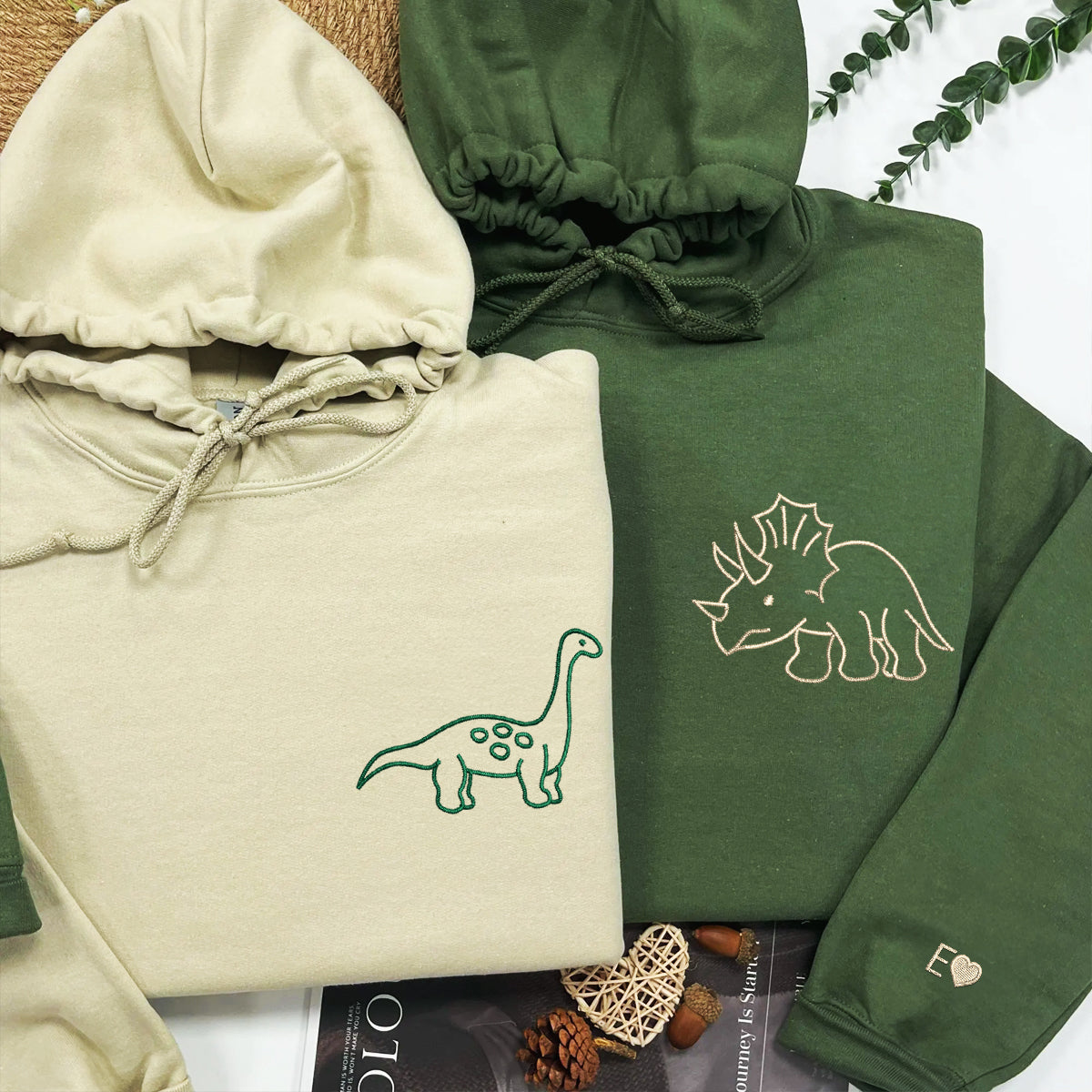 Custom Embroidered Cute Dinosaur Matching Hoodies for Couples