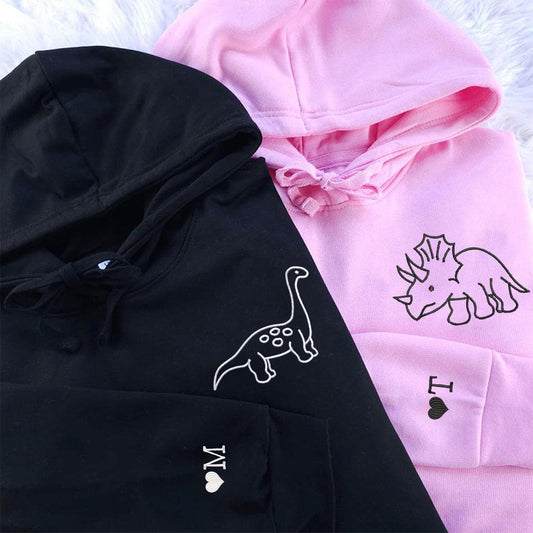 Custom Embroidered Cute Dinosaur Matching Hoodies for Couples