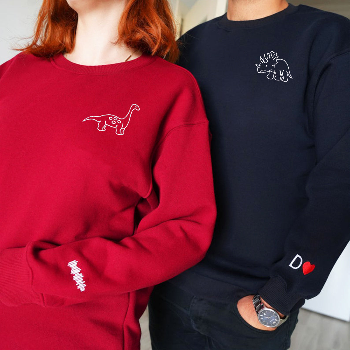 Custom Embroidered Cute Dinosaur Matching Hoodies for Couples