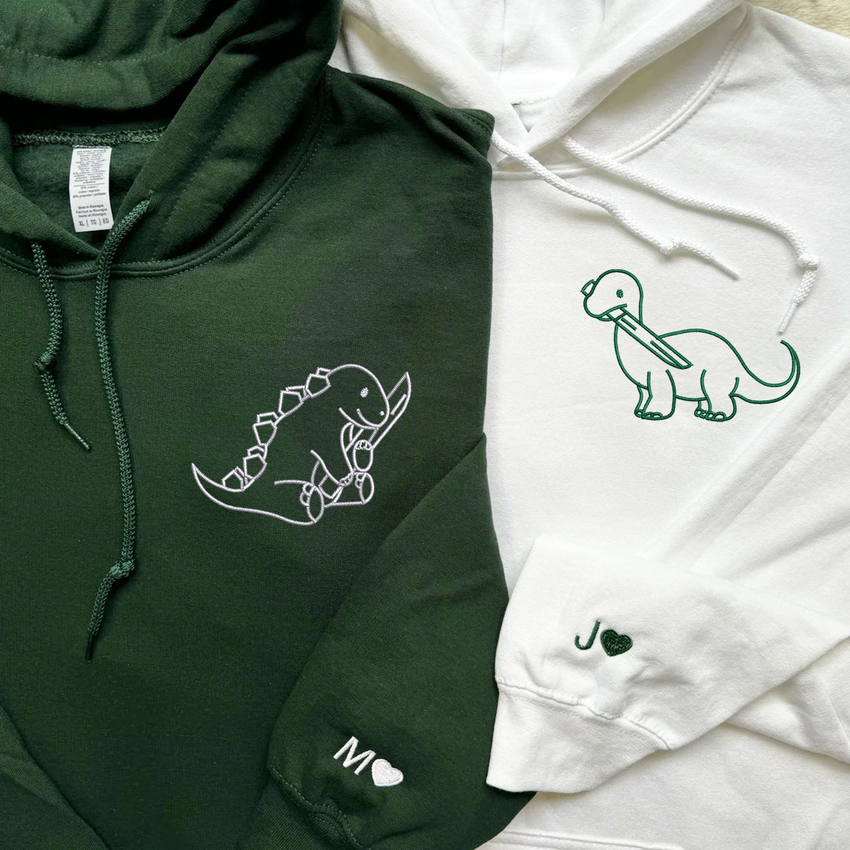 Custom Embroidered Dinosaur with Knife Matching Hoodies for Couples