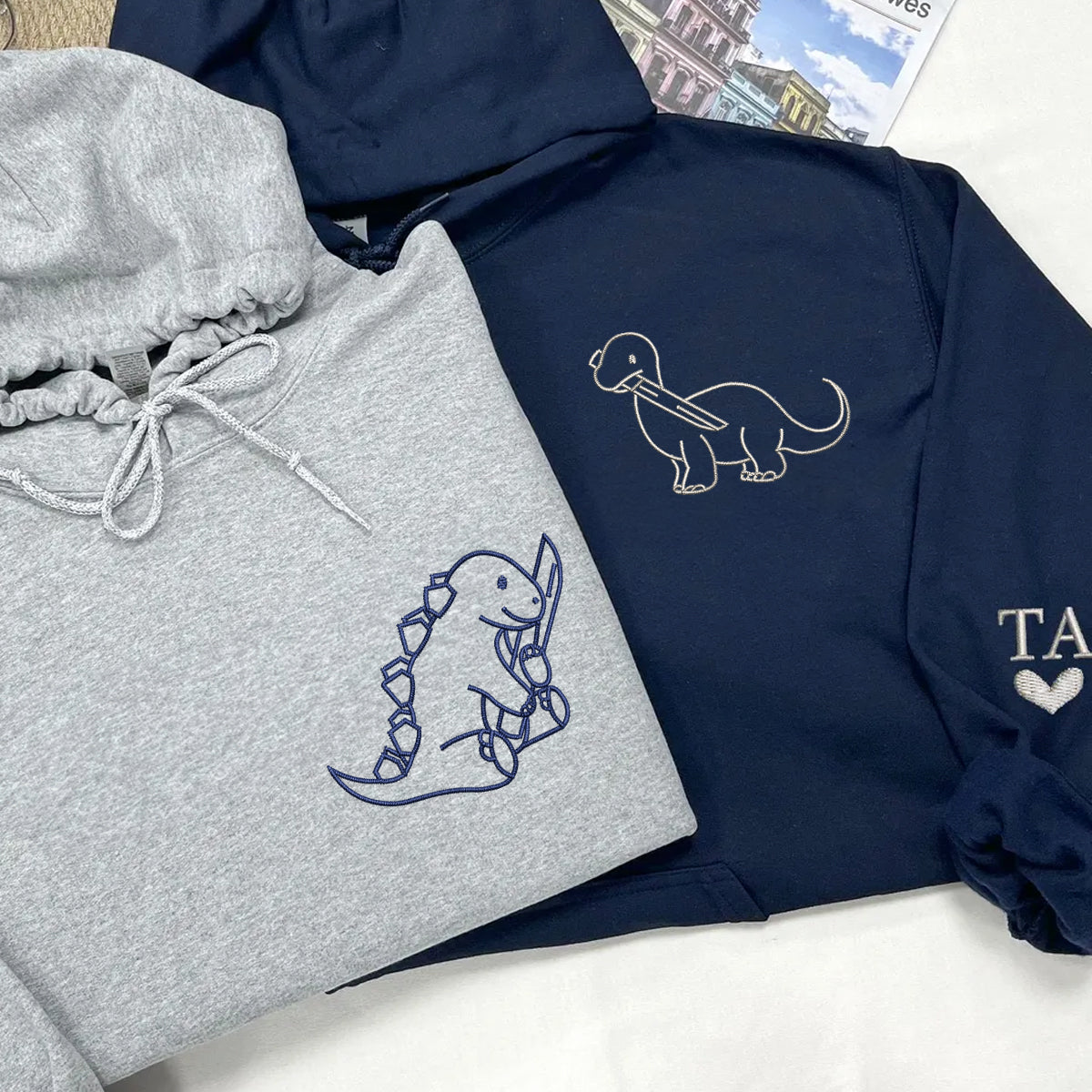 Custom Embroidered Dinosaur with Knife Matching Hoodies for Couples