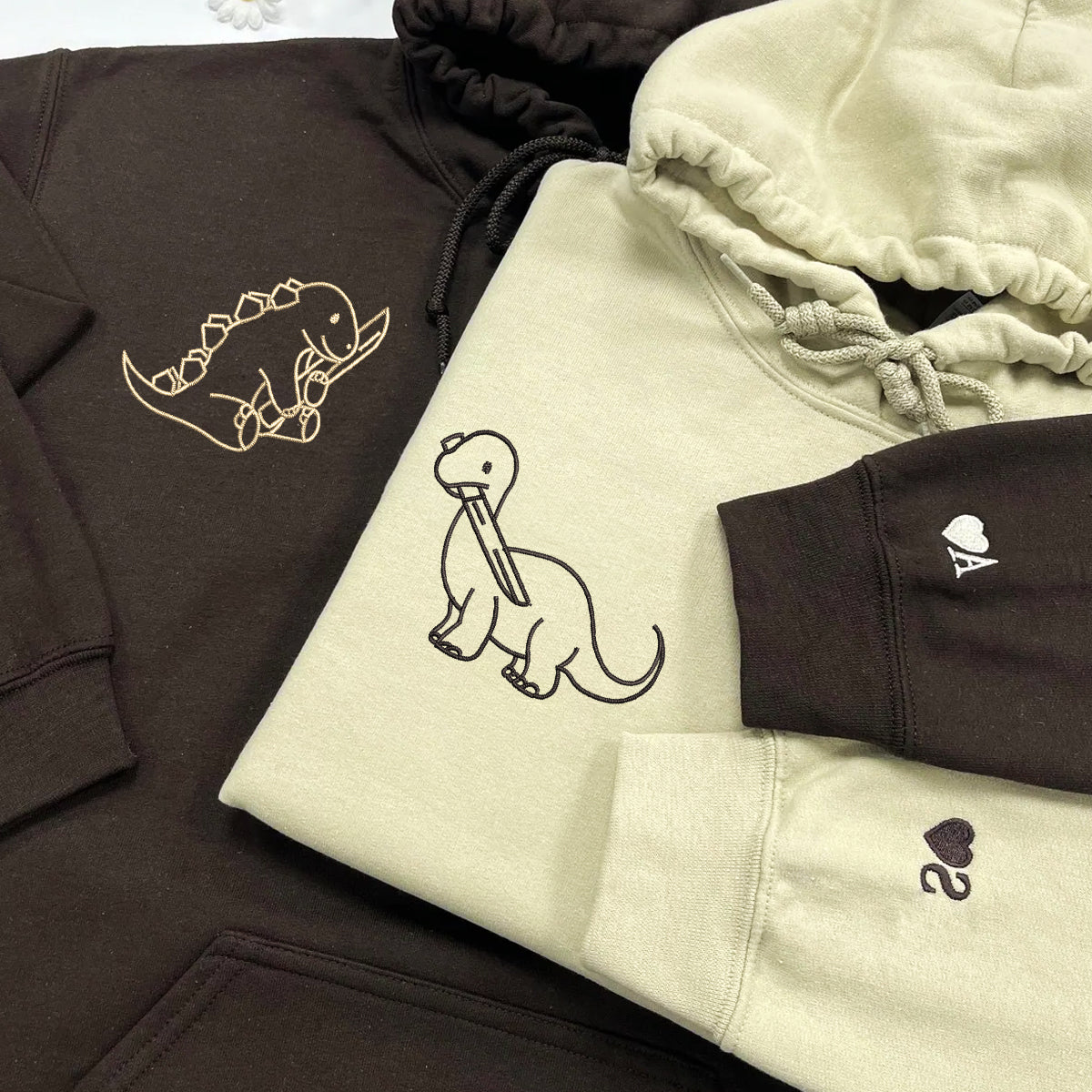 Custom Embroidered Dinosaur with Knife Matching Hoodies for Couples