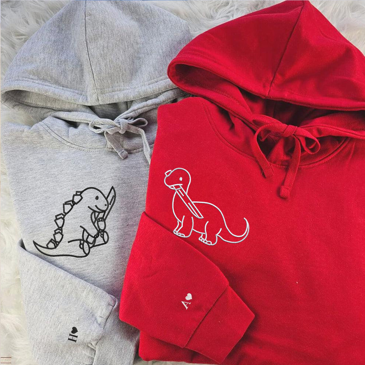 Custom Embroidered Dinosaur with Knife Matching Hoodies for Couples