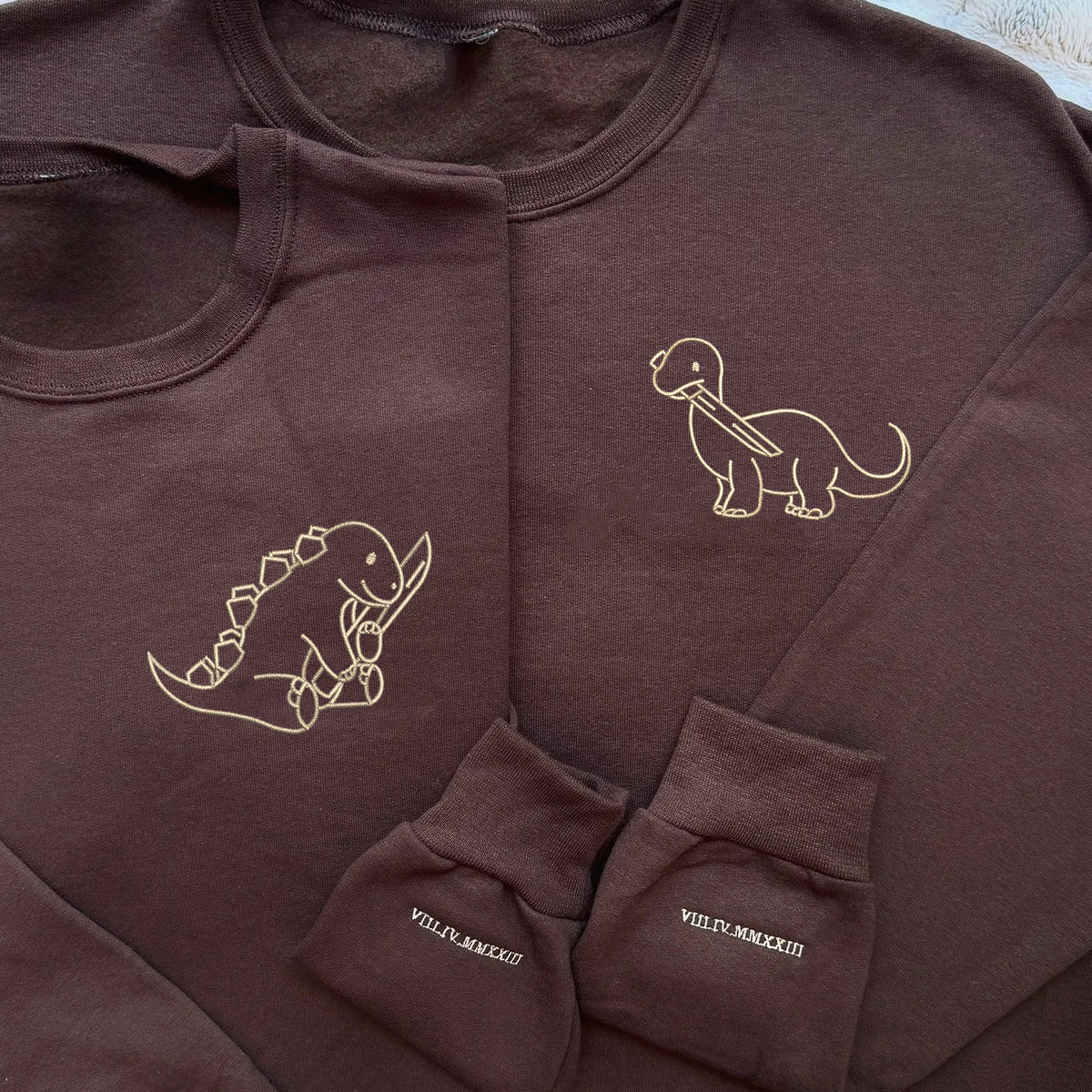 Custom Embroidered Dinosaur with Knife Matching Hoodies for Couples