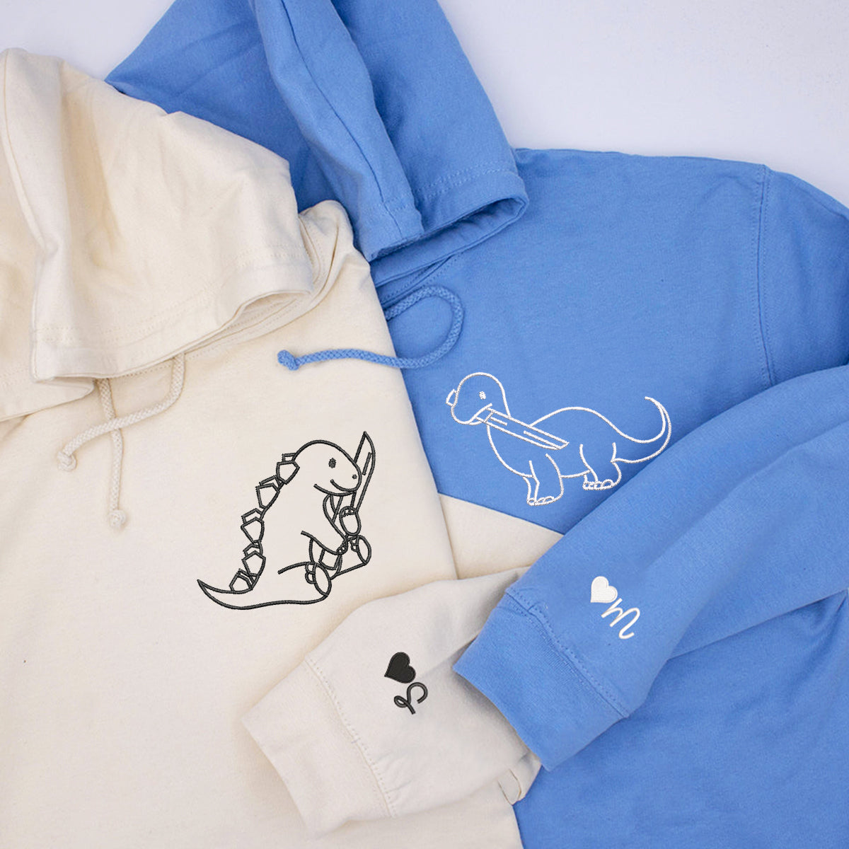 Custom Embroidered Dinosaur with Knife Matching Hoodies for Couples