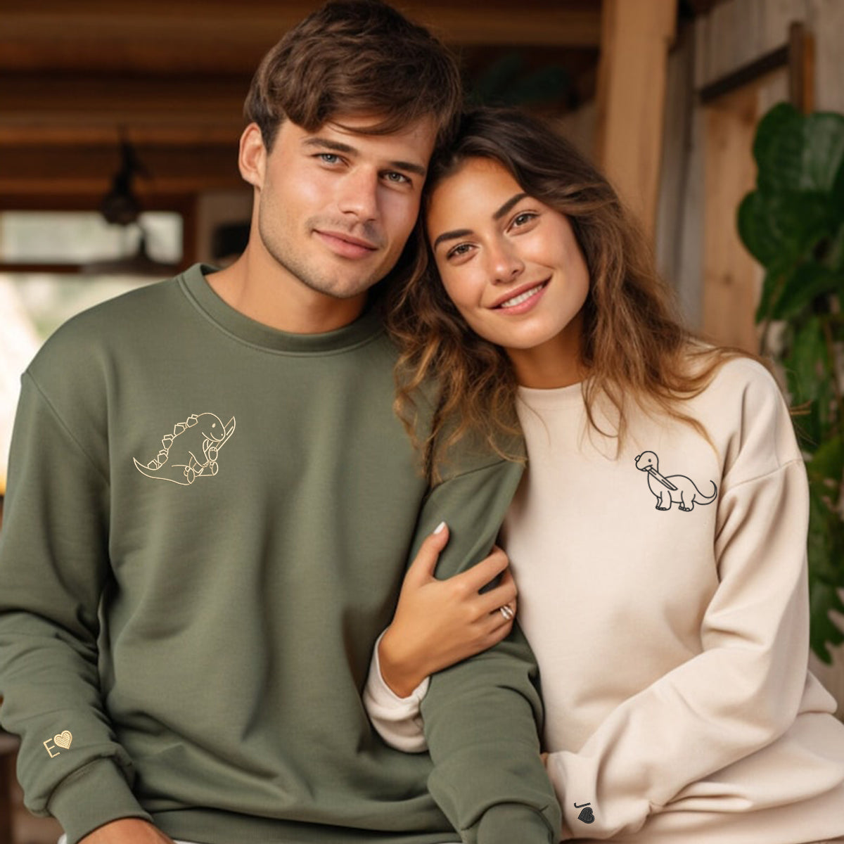 Custom Embroidered Dinosaur with Knife Matching Hoodies for Couples