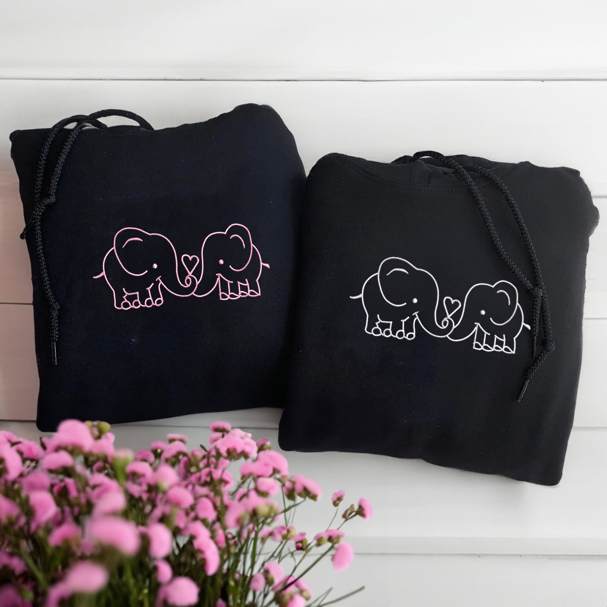 Custom Embroidered Elephant Love Matching Hoodies for Couples