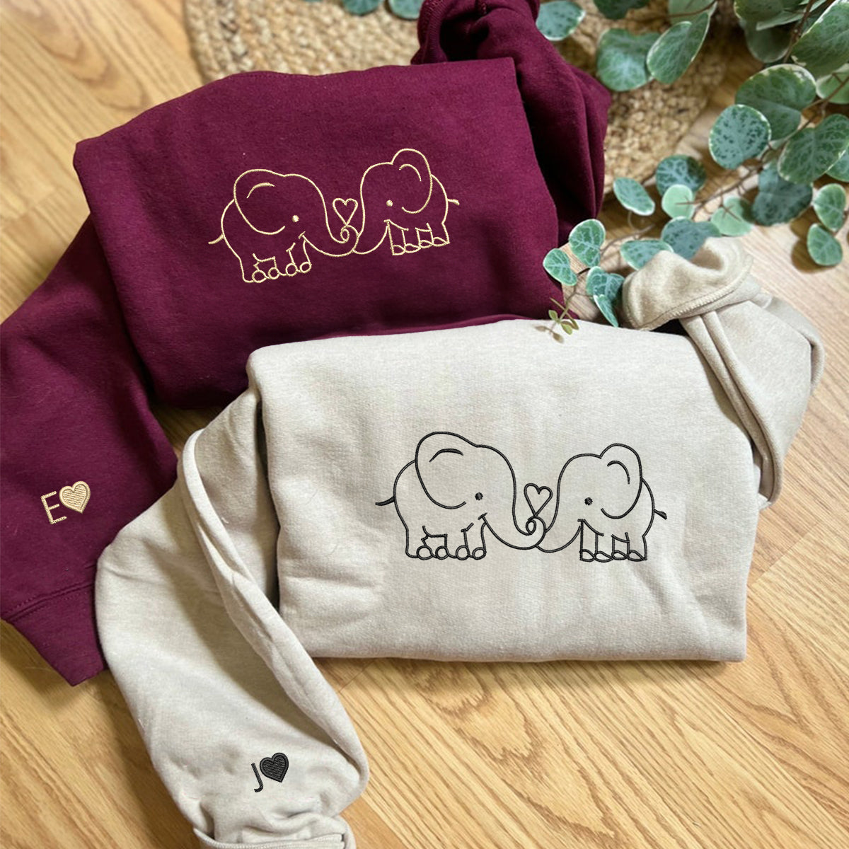 Custom Embroidered Elephant Love Matching Hoodies for Couples