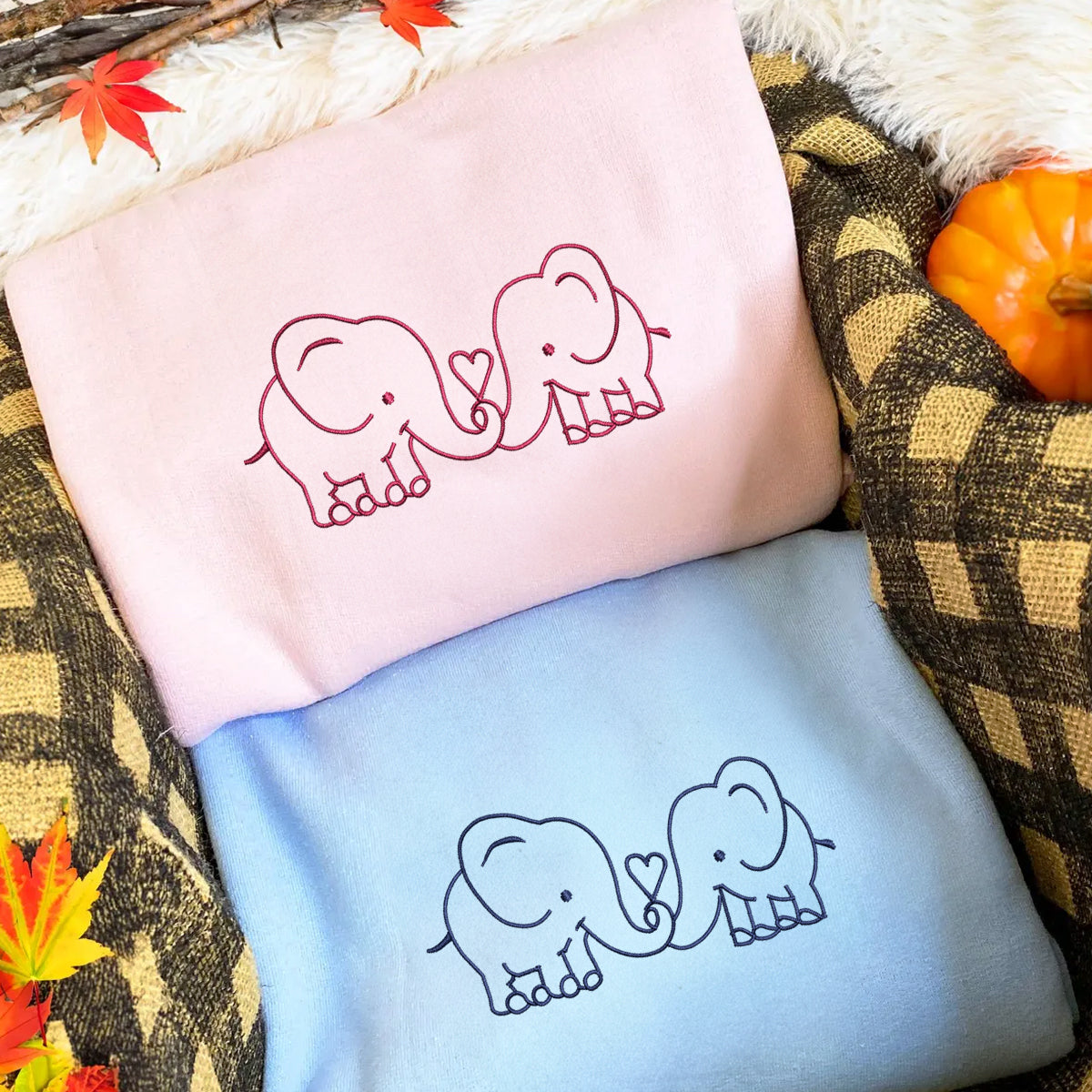 Custom Embroidered Elephant Love Matching Hoodies for Couples