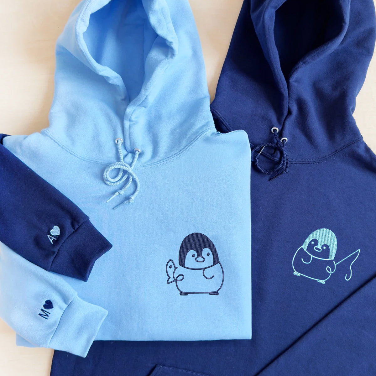 Custom Embroidered Fishing Penguin Matching Hoodies for Couples