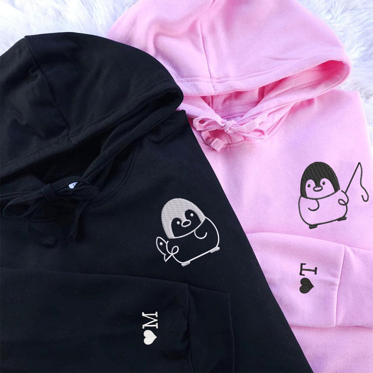 Custom Embroidered Fishing Penguin Matching Hoodies for Couples