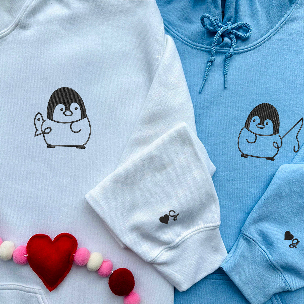 Custom Embroidered Fishing Penguin Matching Hoodies for Couples