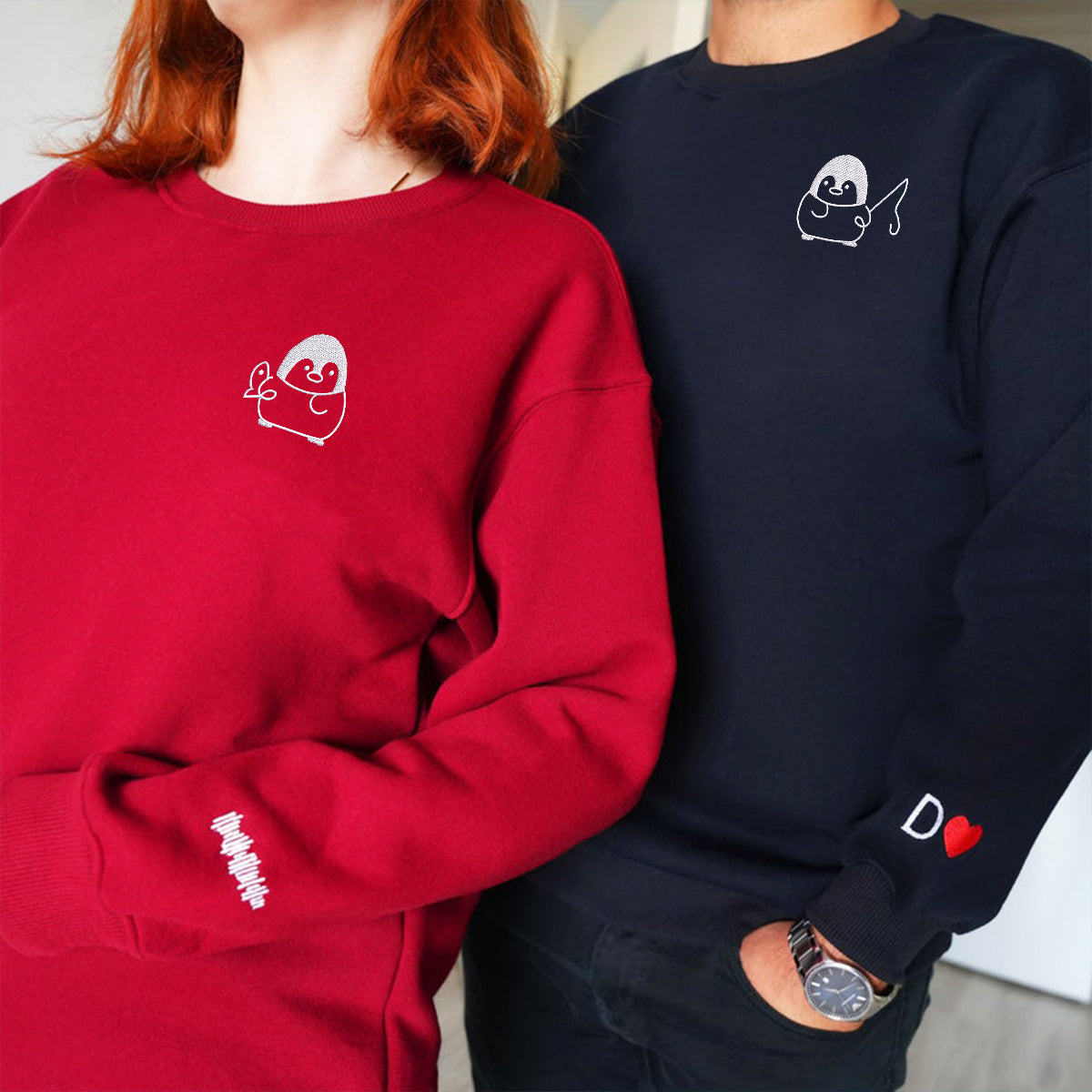 Custom Embroidered Fishing Penguin Matching Hoodies for Couples