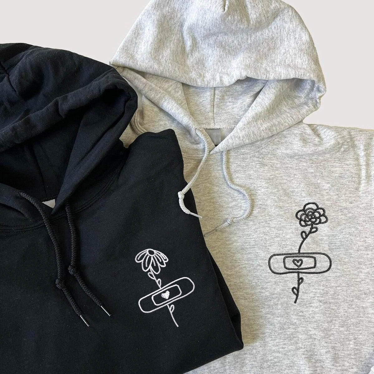 Custom Embroidered Flower with Bandaid Matching Hoodies for Couples