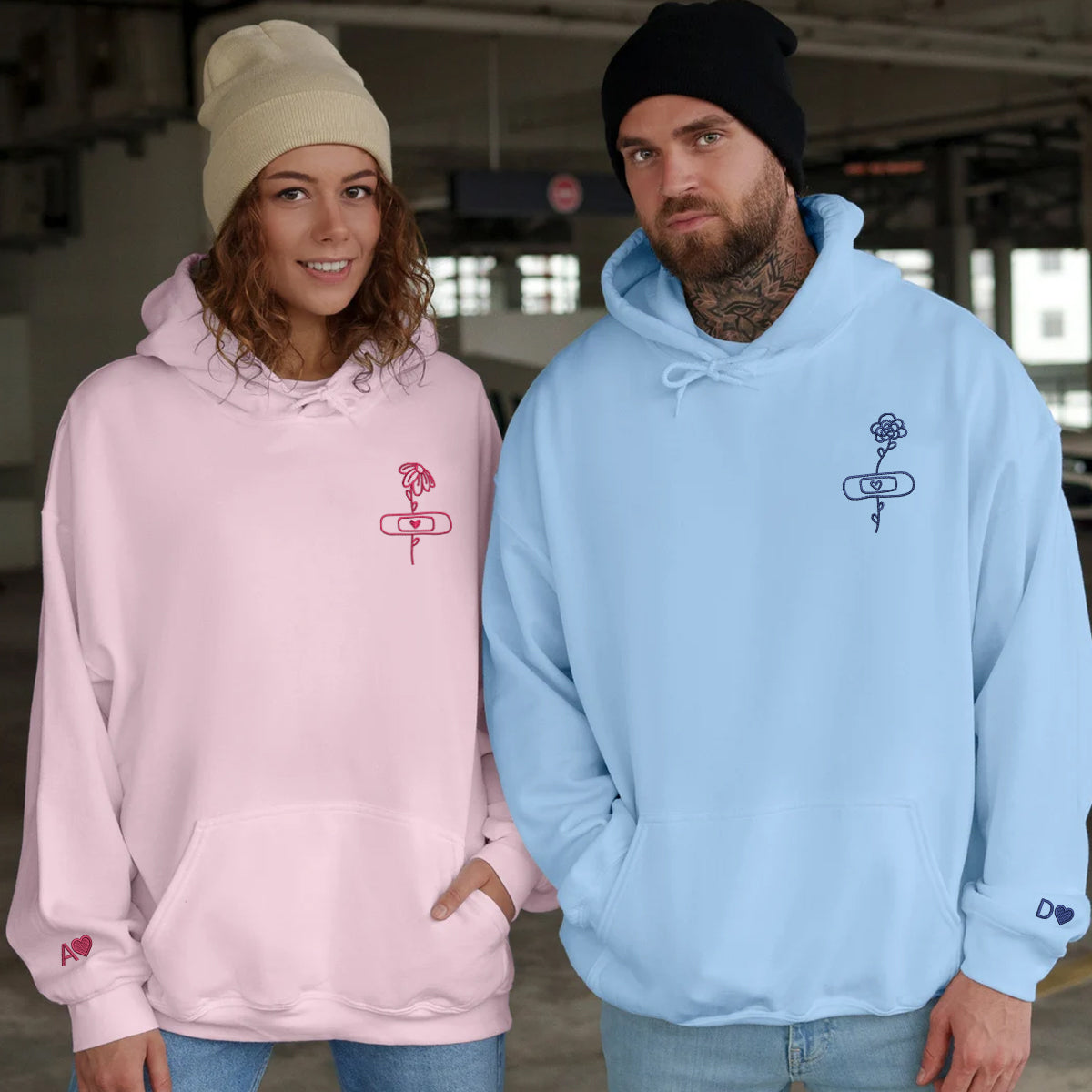 Custom Embroidered Flower with Bandaid Matching Hoodies for Couples