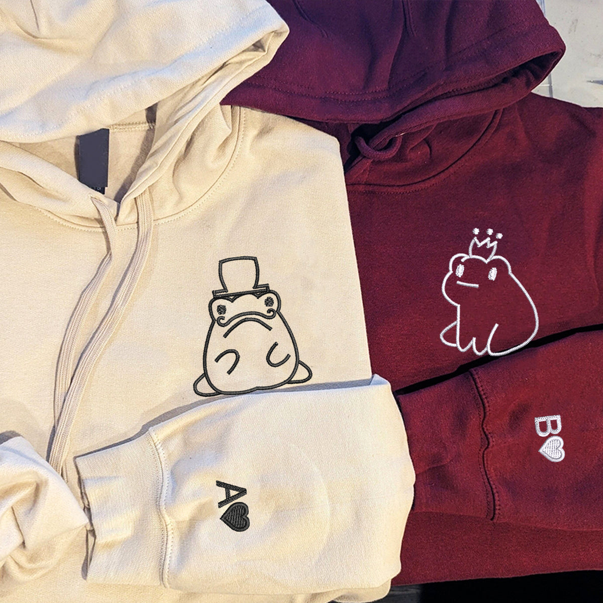 Custom Embroidered Frog King and Queen Matching Hoodies for Couples