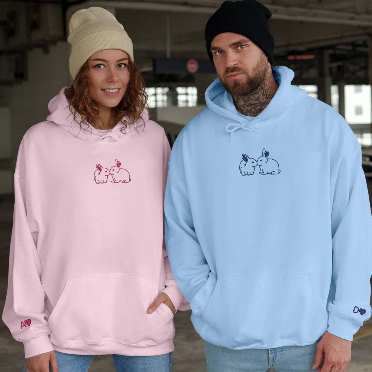 Custom Embroidered Kissing Bunnies Matching Hoodies for Couples