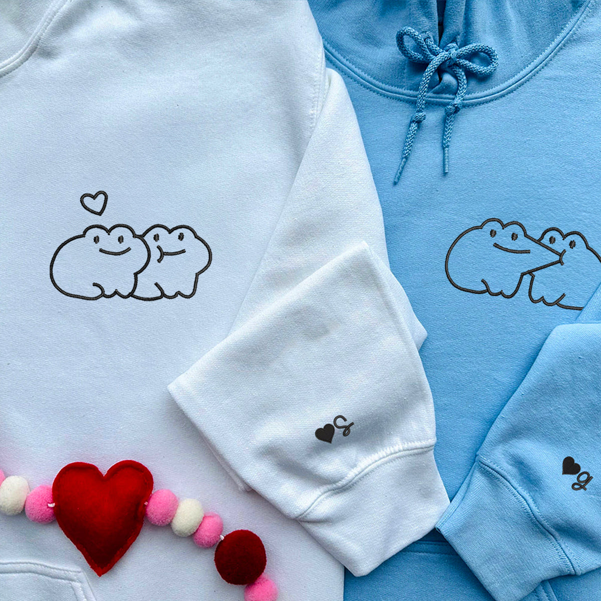 Custom Embroidered Kissing Frog Matching Hoodies for Couples