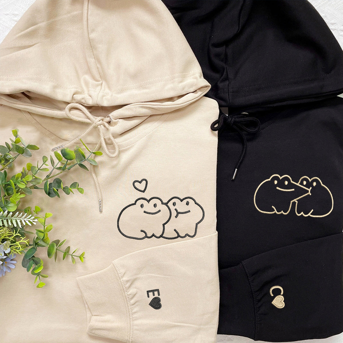 Custom Embroidered Kissing Frog Matching Hoodies for Couples