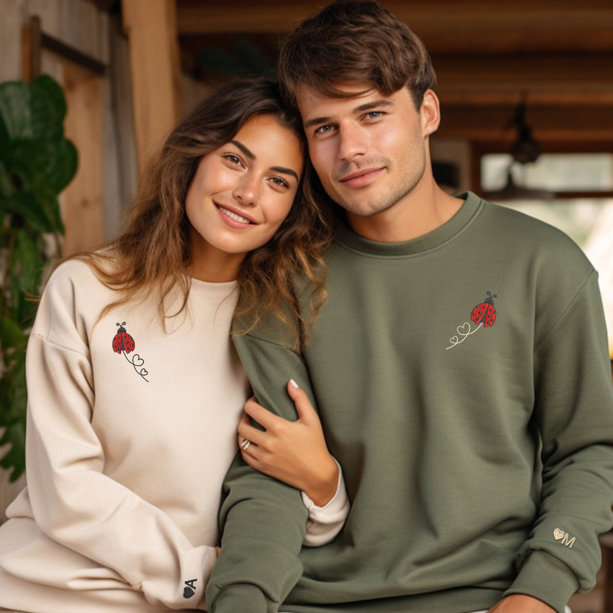 Custom Embroidered Ladybug Hearts Matching Hoodies for Couples