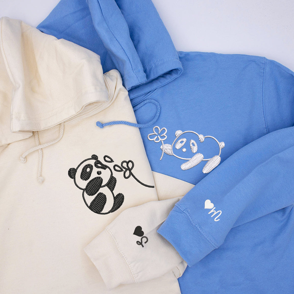 Custom Embroidered Panda with Flowers Matching Hoodies for Couples