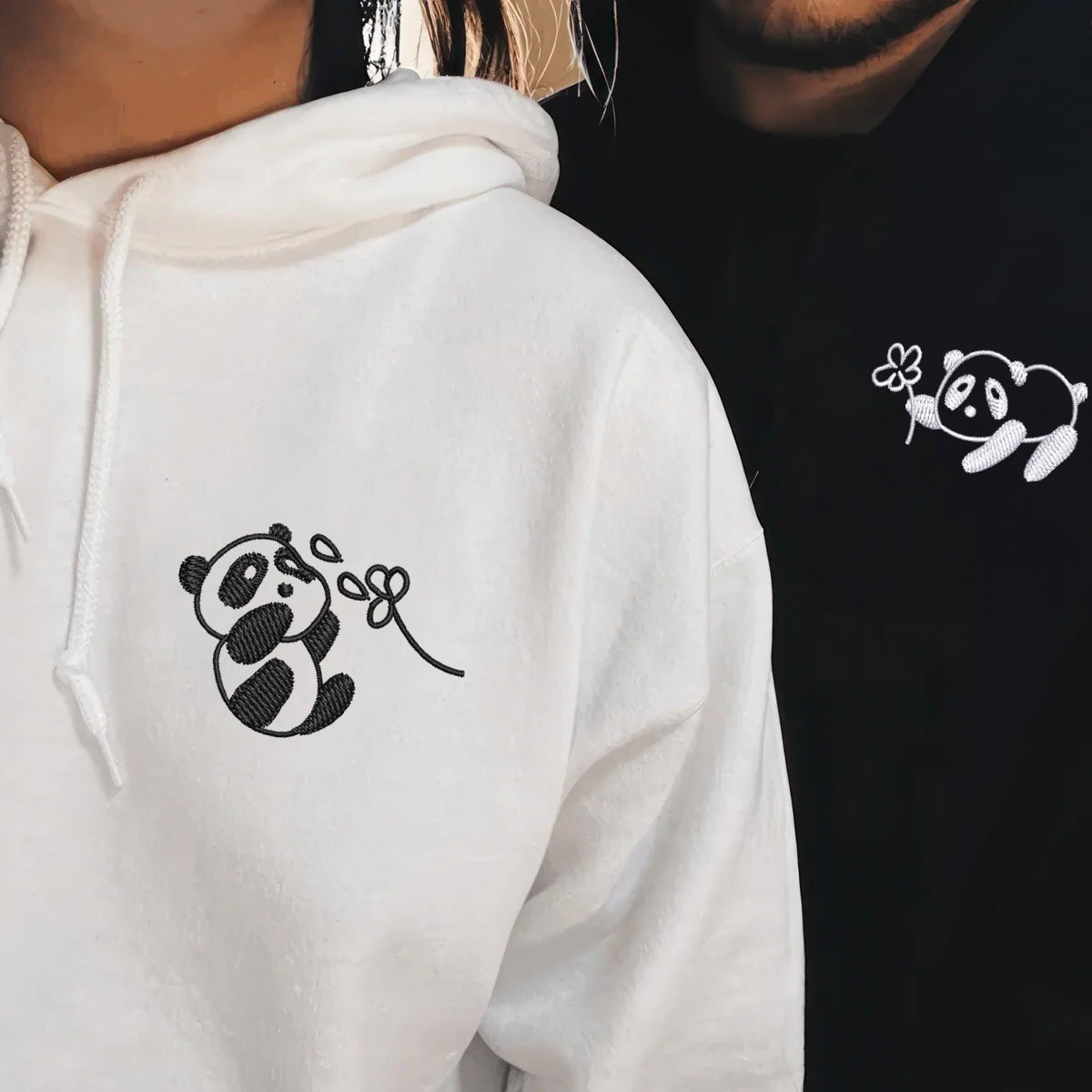 Custom Embroidered Panda with Flowers Matching Hoodies for Couples