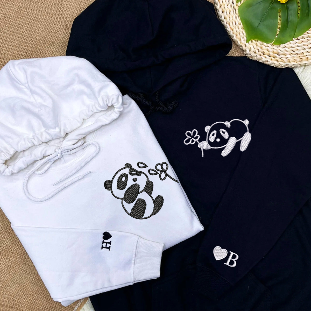 Custom Embroidered Panda with Flowers Matching Hoodies for Couples