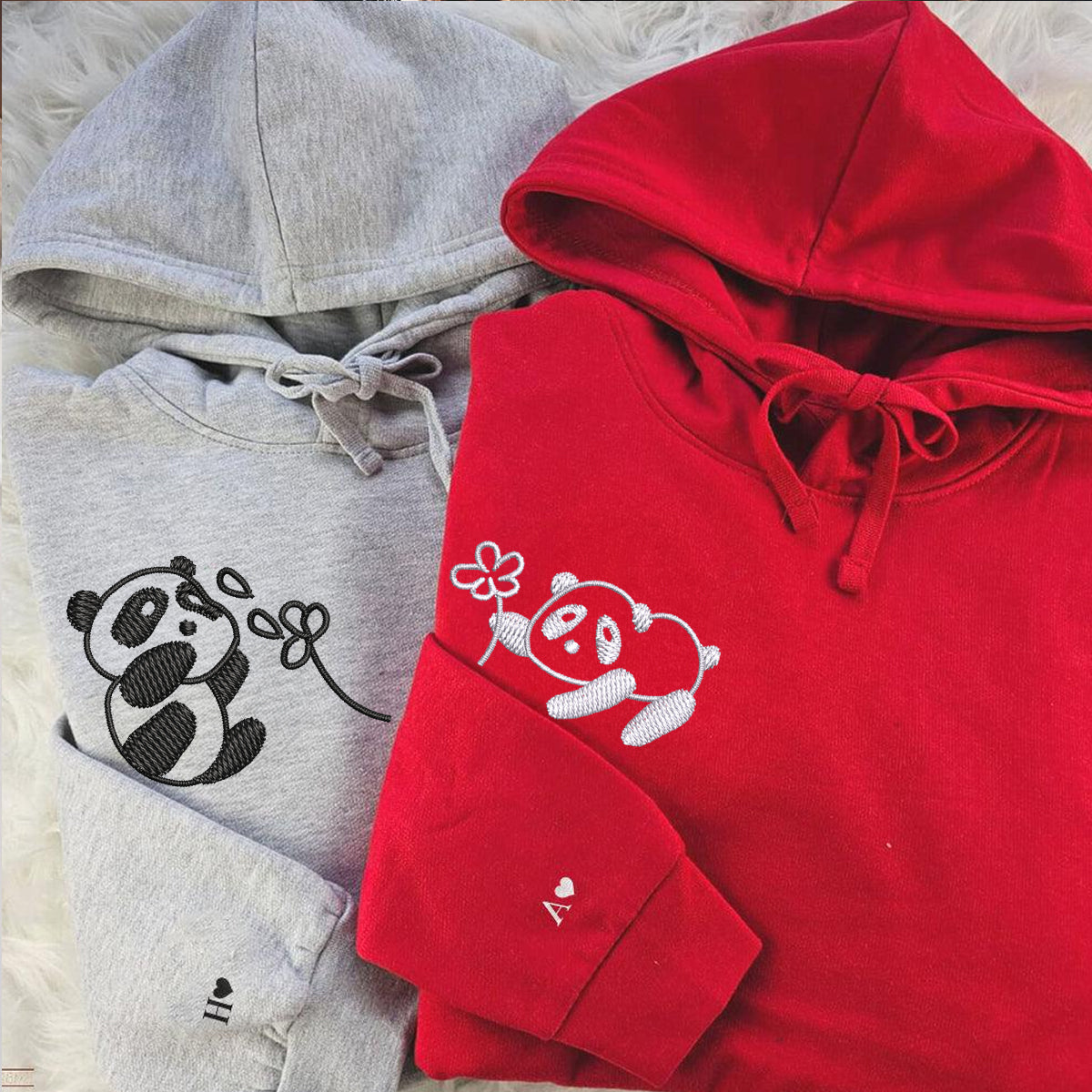 Custom Embroidered Panda with Flowers Matching Hoodies for Couples