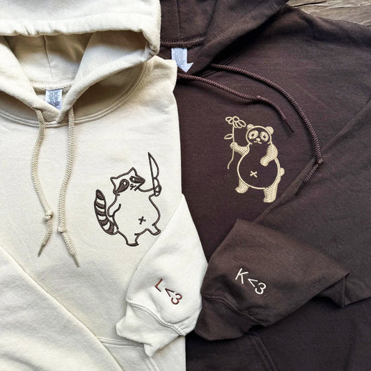 Custom Embroidered Panda with Raccoon Matching Hoodies for Couples