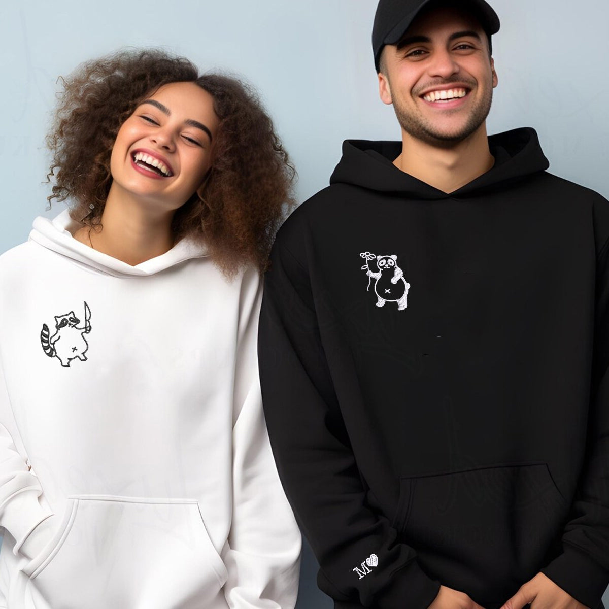 Custom Embroidered Panda with Raccoon Matching Hoodies for Couples