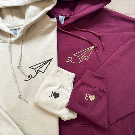 Custom Embroidered Paper Airplane Heart Matching Hoodies for Couples