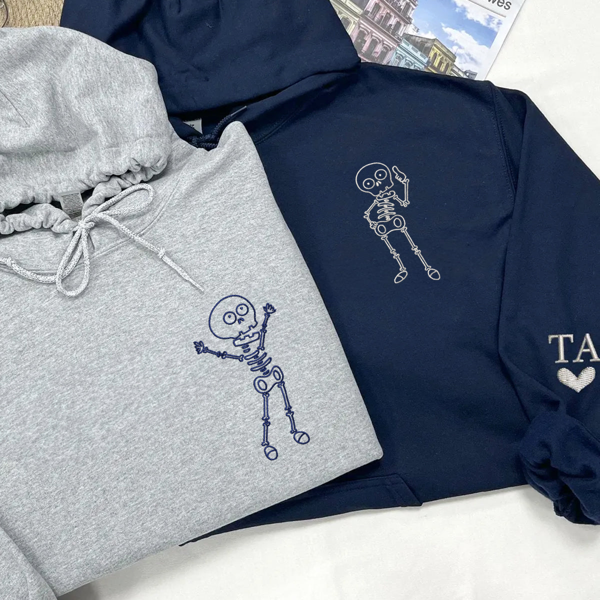 Custom Embroidered Skeleton Matching Hoodies for Couples