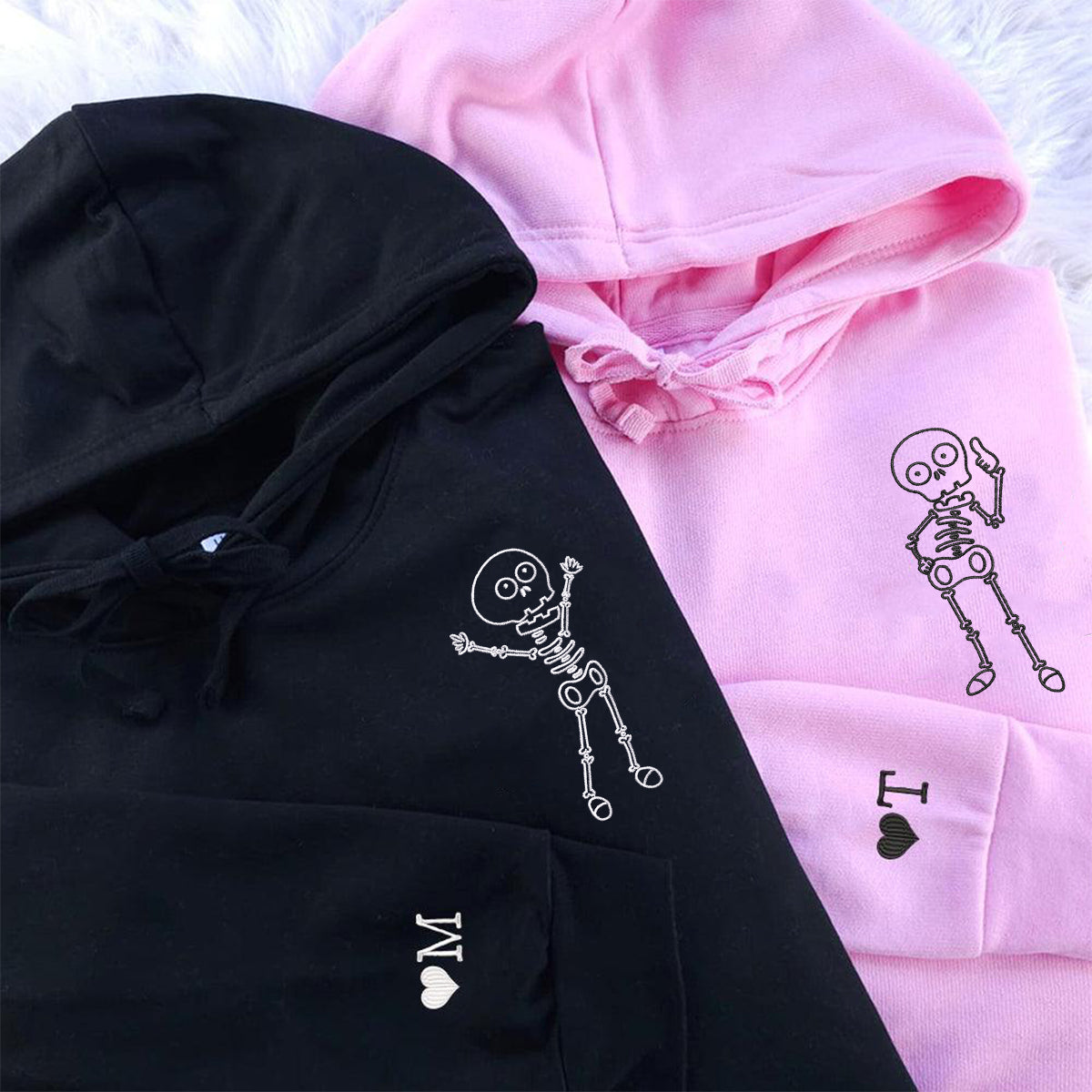 Custom Embroidered Skeleton Matching Hoodies for Couples