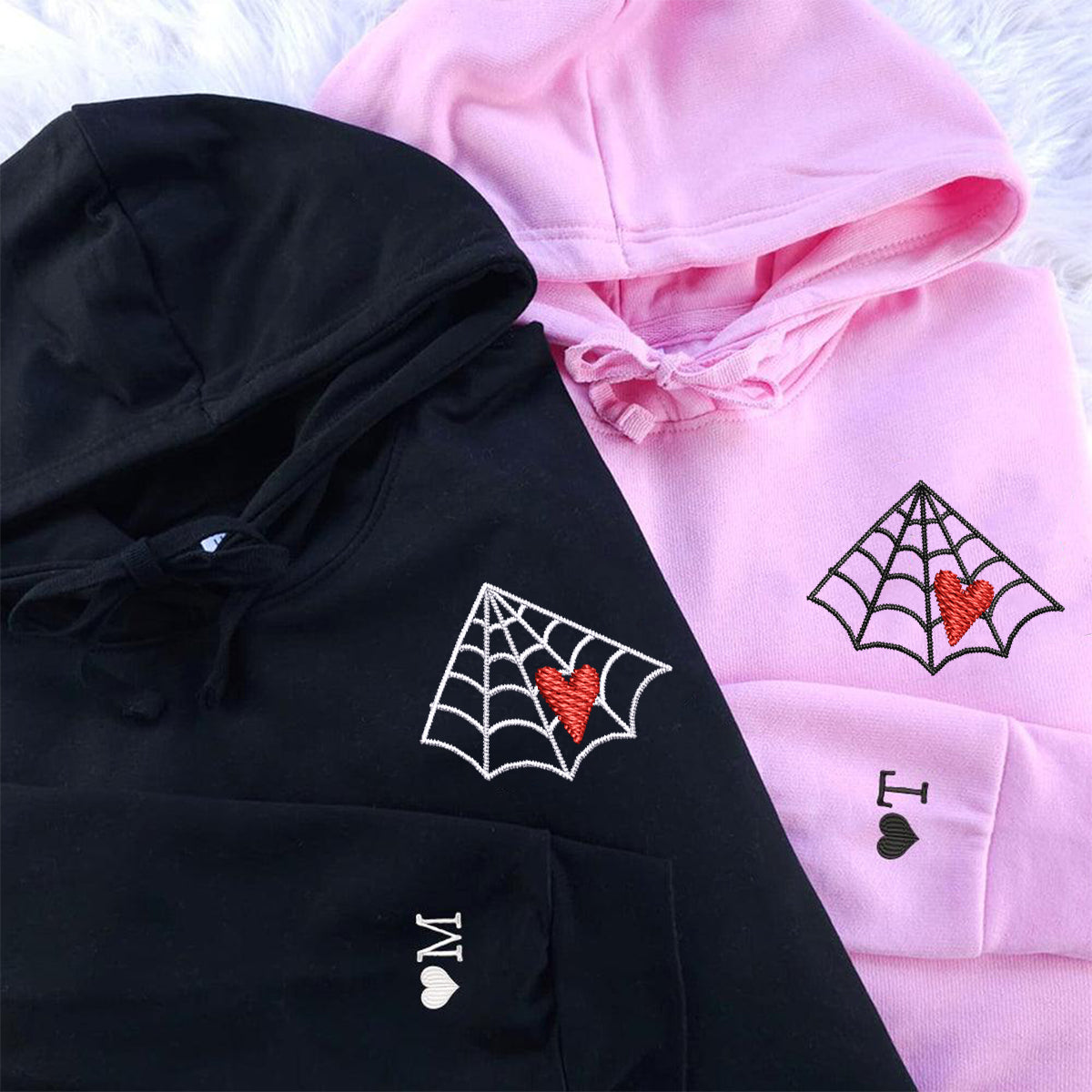 Custom Embroidered Spider Web Love Red Heart Matching Hoodies for Couples