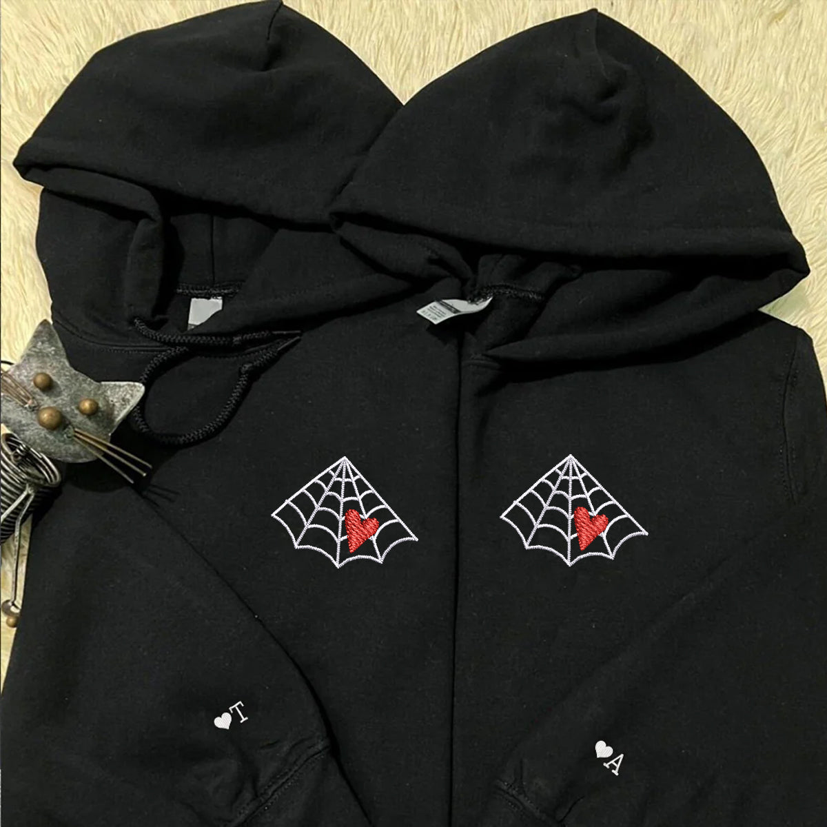 Custom Embroidered Spider Web Love Red Heart Matching Hoodies for Couples