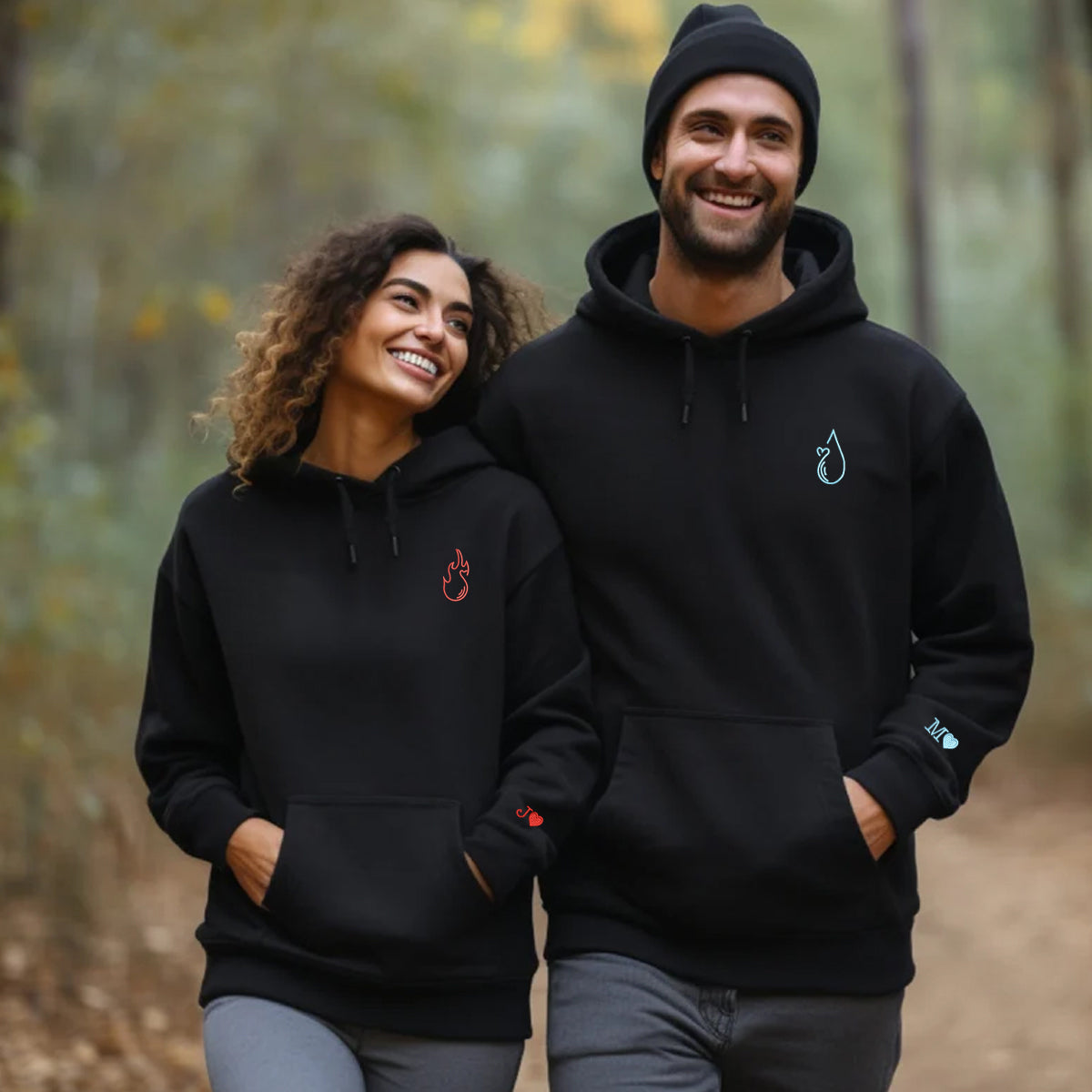 Custom Embroidered Water and Fire Matching Hoodies for Couples